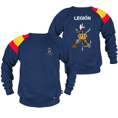 Sudadera bandera Legión Española azul marino, vista delantera y trasera