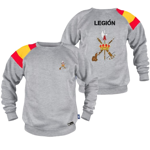 Sudadera bandera Legión Española gris, vista delantera y trasera